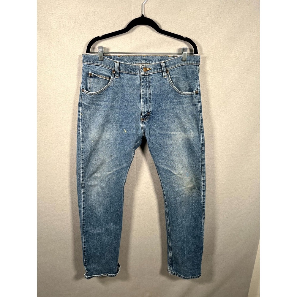 Wrangler Jeans Mens 35W Blue Denim Medium Wash Everyday Wear Slim Fit Straight